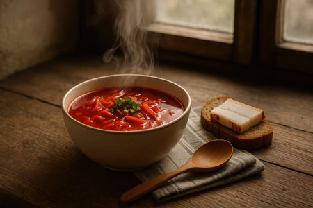 Steaming bowl of red borscht with parsley served near window with bread.の写真素材