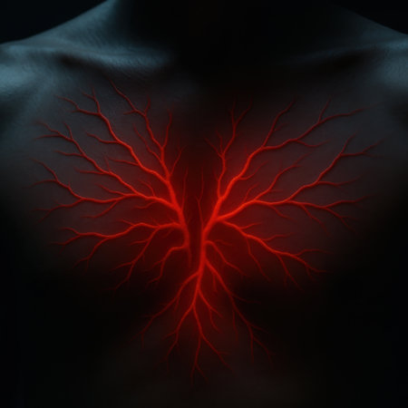 Red glowing vein like branches spread across a human chest in dramatic dark lighting.の写真素材