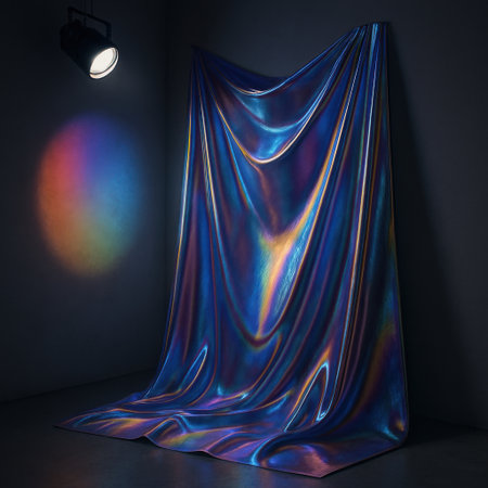 Colorful iridescent fabric draped against a wall illuminated by a spotlight.の写真素材
