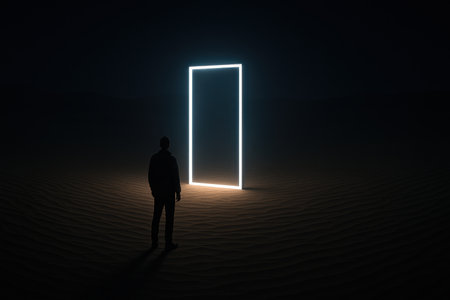 A silhouetted man stands before a tall glowing doorway in a dark desert at night.の写真素材