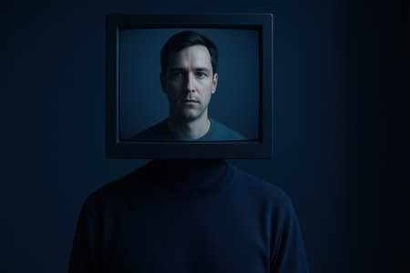 A portrait of a man displayed inside an old monitor where the screen replaces his head against a dark backdrop.の素材