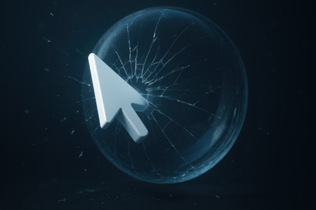 A white arrow cursor pierces a transparent bubble causing cracks in a dark environment.の写真素材