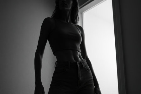 Dark monochrome silhouette of woman in doorwayの素材