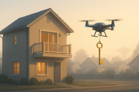 A drone carries a golden key while flying over a suburban house in warm morning light.の写真素材