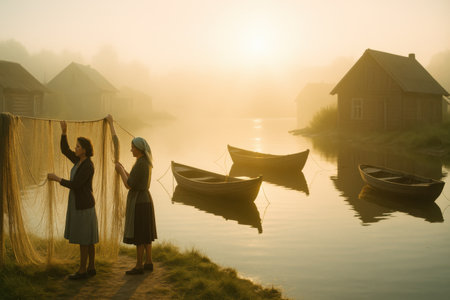Two women stretch fishing nets near moored boats in warm misty sunrise light.の写真素材