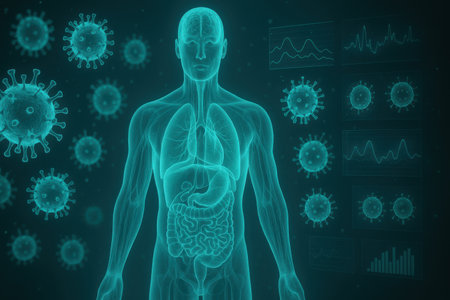 A transparent human body diagram stands among floating virus particles and medical graphs.の写真素材