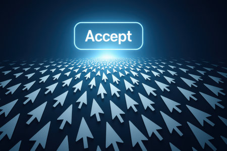 A glowing accept button stands above many arrow cursors arranged in rows in a dark space.の写真素材