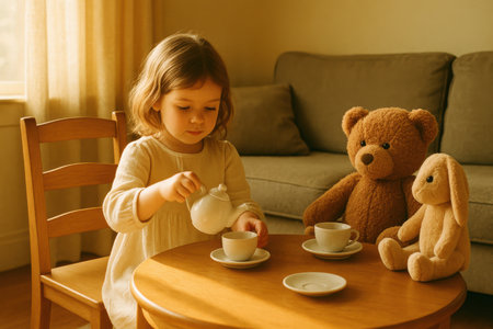 Small girl having a tea party with teddy bear and bunny in warm room lightの素材