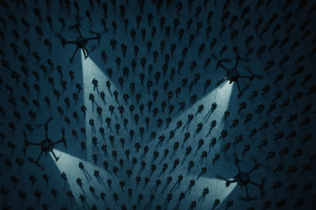 Aerial view of drones casting spotlights over a dense grid of people standing still.の写真素材