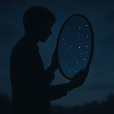Silhouette of man holding round mirror that reflects star filled night sky surreal dream and self reflection conceptの写真素材