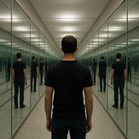 Man standing in an infinite corridor of mirrors creating repeating reflectionsの写真素材