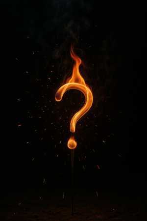 Glowing burning question mark made of fire sparks on dark background.の写真素材
