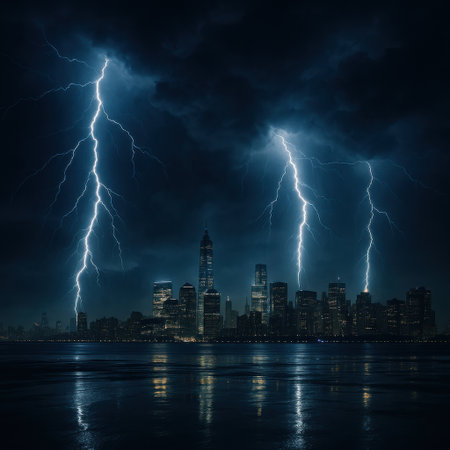 Powerful lightning bolts striking over nighttime city skyline with reflections.の写真素材