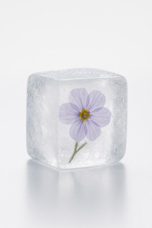 Purple flower trapped inside clear ice cube on white backgroundの写真素材