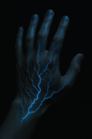 Close up of a human hand glowing with bright electric blue vein patterns against a dark background.