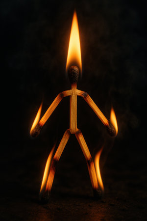 Matchstick figure with limbs burning at tips and head flamingの写真素材