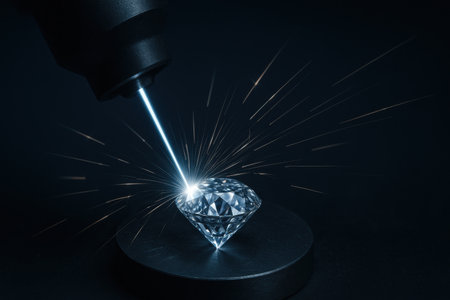 High precision laser beam cutting sparkling diamond with bright sparksの写真素材