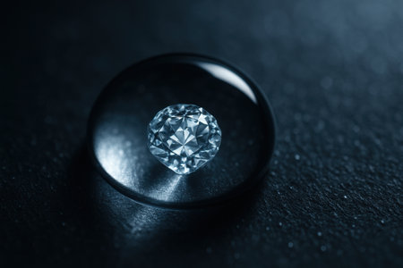 Shiny diamond gemstone placed under round magnifying glass on dark surfaceの写真素材
