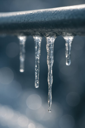 Closeup shot of clear icicles hanging from cold metal bar winter season freezing detailの写真素材