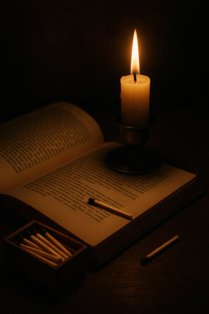 Lit candle illuminating open book and matches in dark cozy atmosphereの写真素材