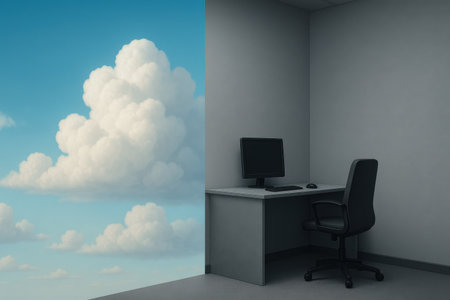 Surreal scene with office desk opening into bright sky with large cloud formation.の写真素材