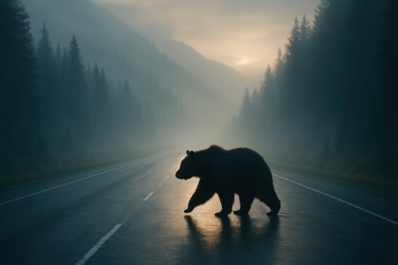 Silhouette of a bear crossing a misty road surrounded by forested mountains.の写真素材