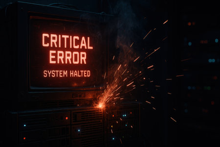 Retro monitor showing critical error system halted with sparks from damaged hardwareの写真素材