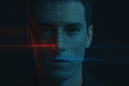 Face illuminated by blue and red laser lines creating biometric scan grid.の写真素材