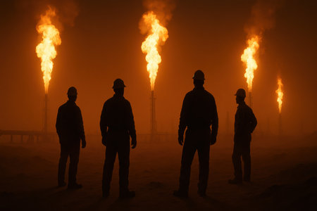 Silhouettes of oil and gas workers in helmets standing at night near burning flare stacks in industrial field orange smoke in backgroundの写真素材