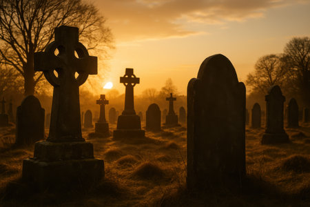 Graveyard silhouettes in golden lightの写真素材