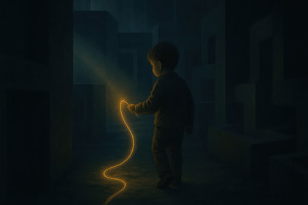 Child walks in dark maze holding bright glowing thread guiding path through shadowsの写真素材