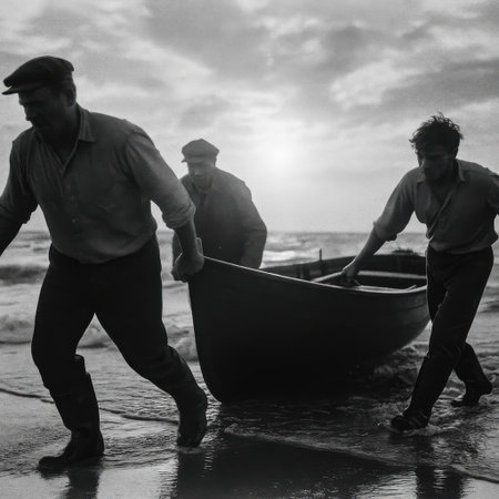 Group of fishermen pulling a wooden boat out of the sea at sunrise while waves wash over the beach.の写真素材