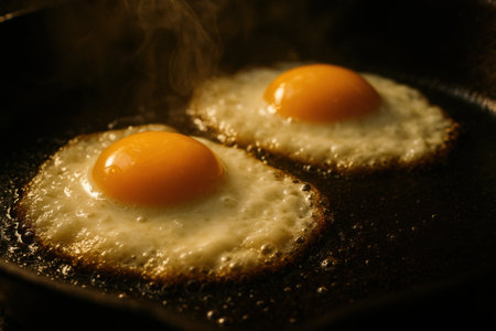 Two fried eggs sizzling on hot pan with steam rising.の写真素材