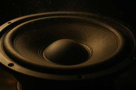 Low-angle macro shot of a vibrating speaker cone in warm light.の写真素材