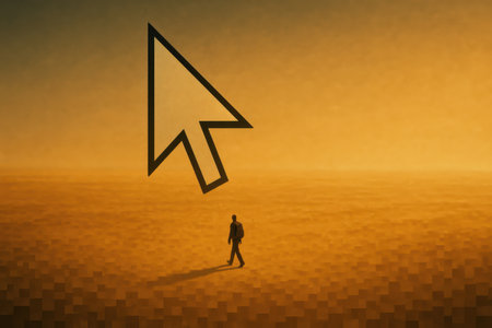 Surreal scene of a man walking in a pixelated desert with a giant cursor symbolの写真素材