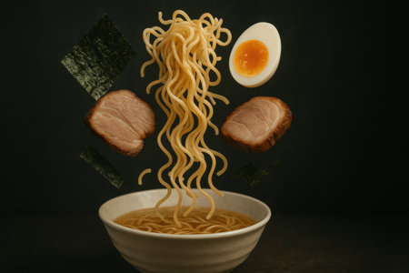 Ramen noodles meat egg and seaweed floating above bowl on dark backgroundの写真素材