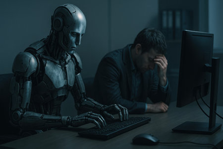 Humanoid robot typing on computer while tired office worker holds head at desk in dark workplace future automation conceptの写真素材