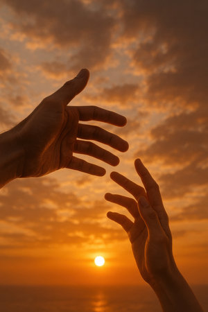 Two hands reaching towards each other against warm sunset skyの写真素材