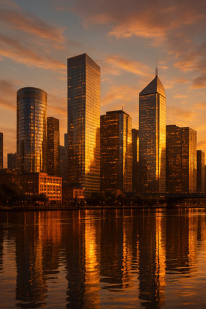 Tall skyscrapers glowing in warm sunset light reflecting in waterの写真素材