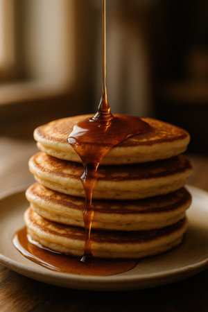 Golden syrup dripping on pancakesの写真素材