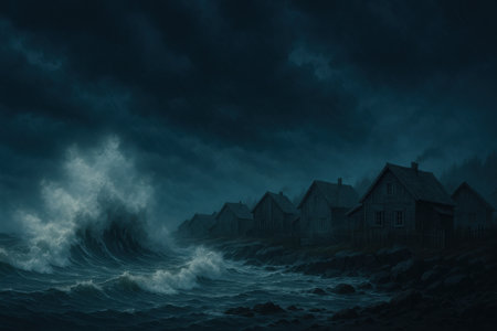 Dark stormy sea with huge waves hitting a rocky coast near wooden village houses at night in rain.の写真素材