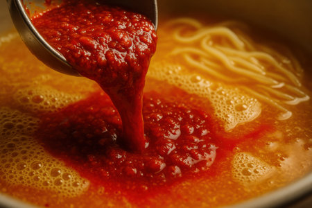 Red spicy sauce pouring into hot ramen broth closeupの写真素材