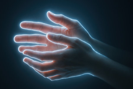 Hands glowing with soft neon light