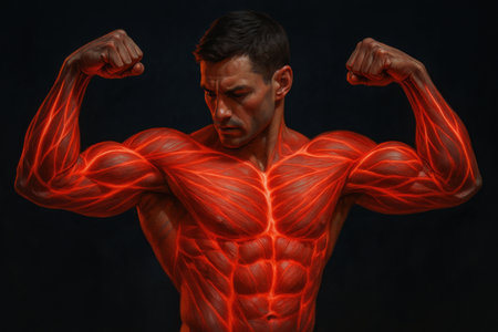 Strong man flexes muscles with glowing red anatomy lines highlighting structure strength and powerの写真素材
