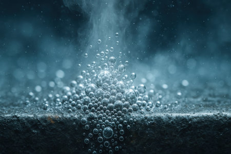 Cluster of rising bubbles underwater against soft blue background in macro view.の写真素材