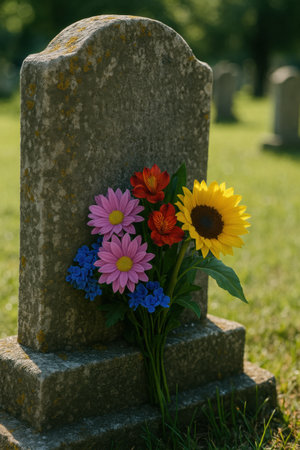 Colorful flowers placed at old gravestone in green cemetery sunlight.の写真素材