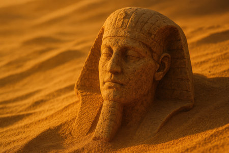 Stone pharaoh head half-buried in golden desert sand at sunset.