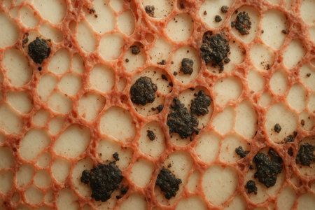 Detailed macro of organic porous surface with dark clusters and warm tones.