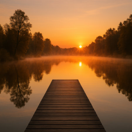 Wooden pier leading into calm reflective lake at sunrise with glowing sky.の写真素材