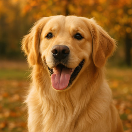 Happy golden retriever dog in autumn park looking at camera.の写真素材